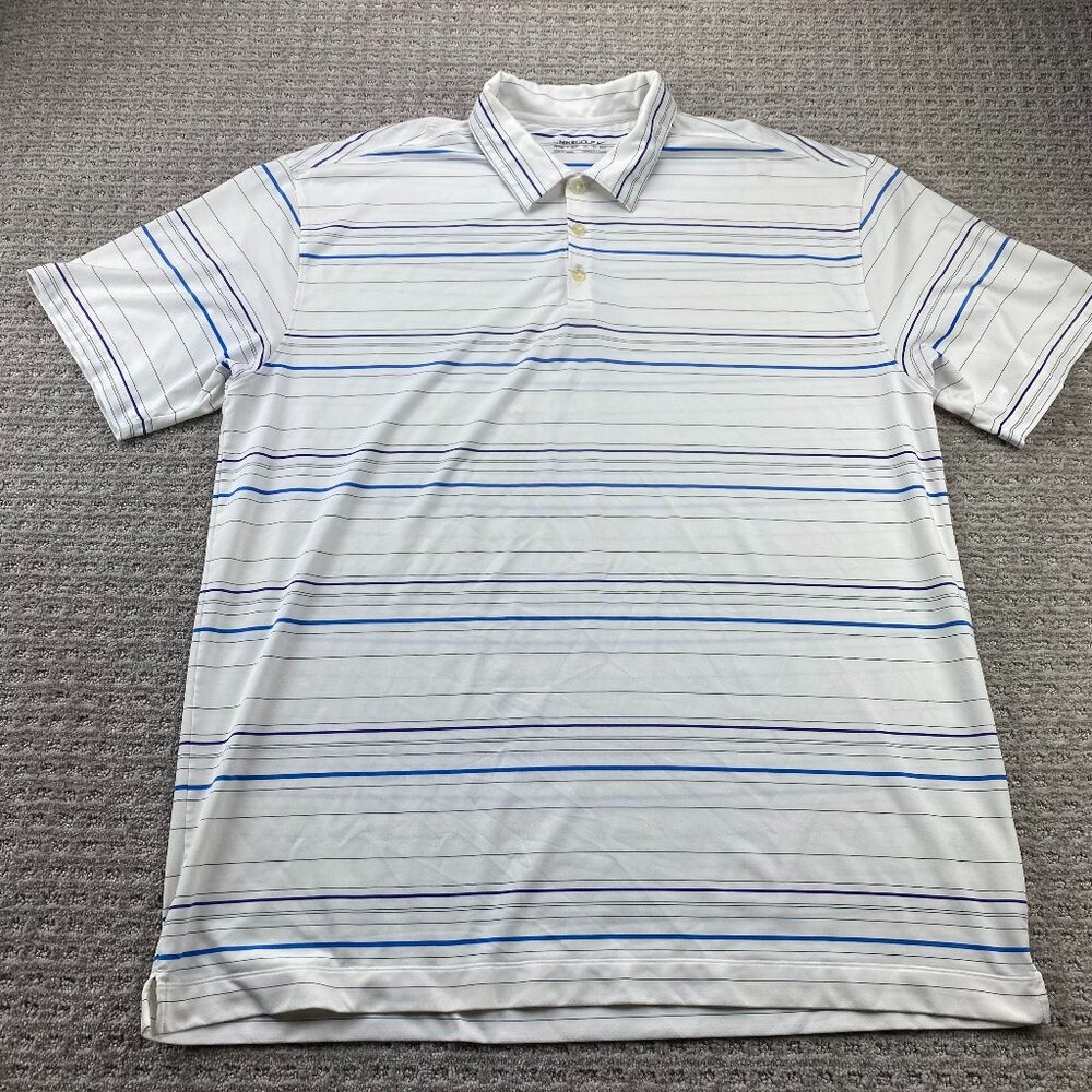 Nike Golf Shirt Men XXL White Blue Purple Stripes Fit Dry Breathable Activewear